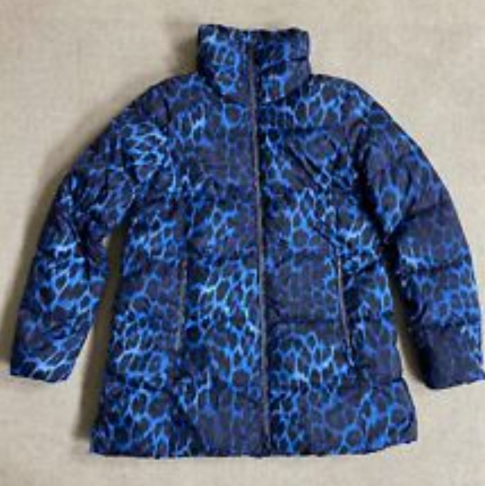 Lands End blue leopard puffer coat size large